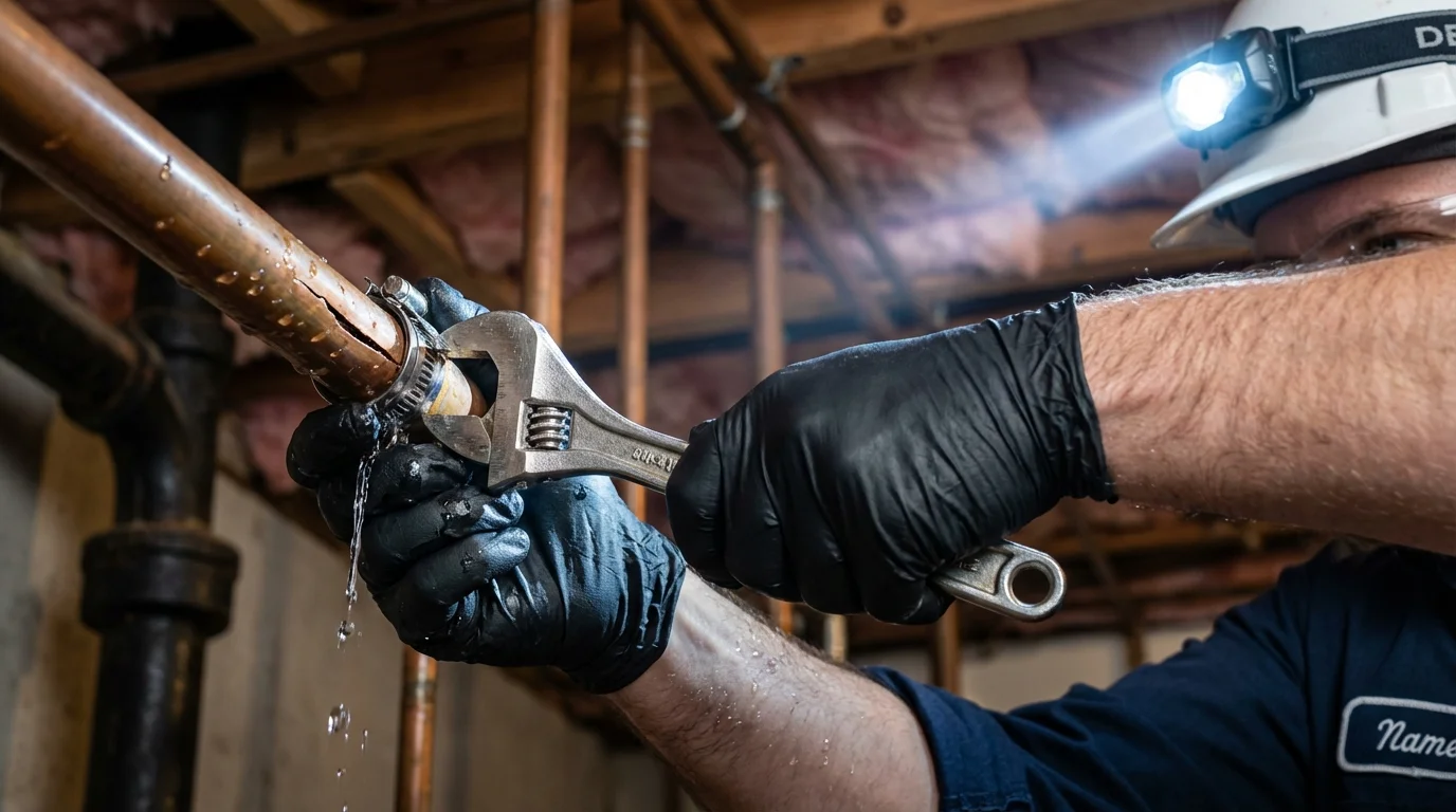 Emergency pipe clamp repair being performed by a Johns Plumbing LLC plumber in Malone