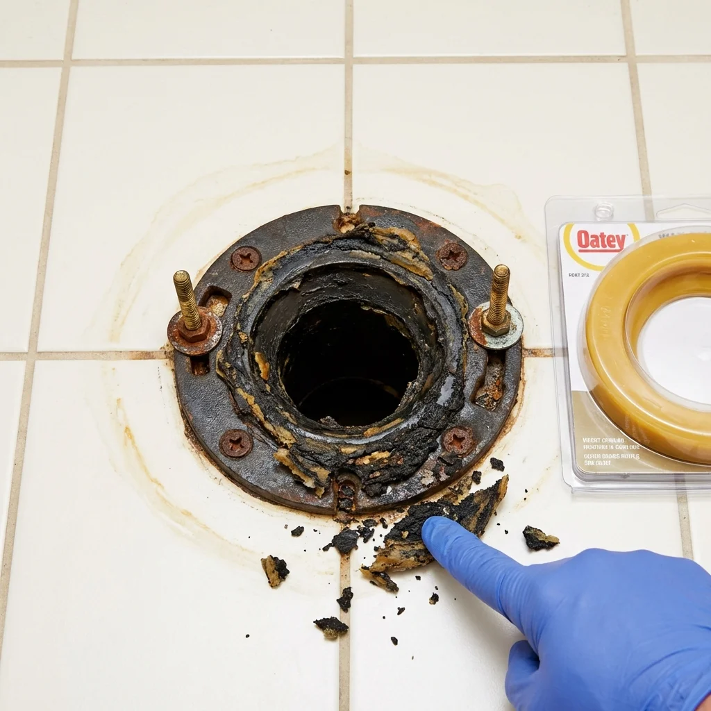Failed wax ring showing water seepage at the base of a toilet in a Malone, NY home