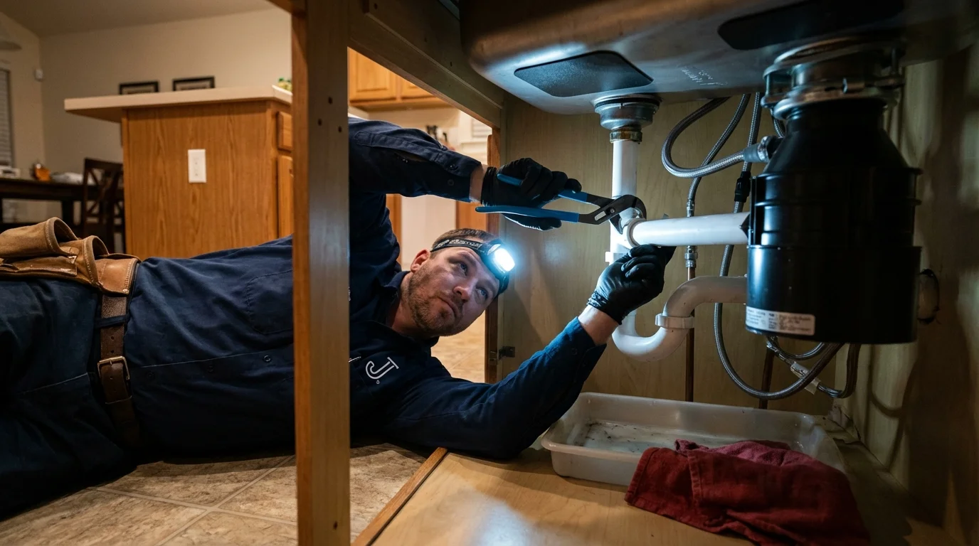 P-trap and supply line connections under a kitchen sink showing a common leak point in Malone, NY